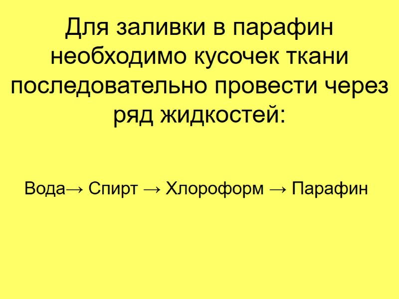 Для заливки в парафин необходимо кусочек ткани последовательно провести через ряд жидкостей:  Вода→